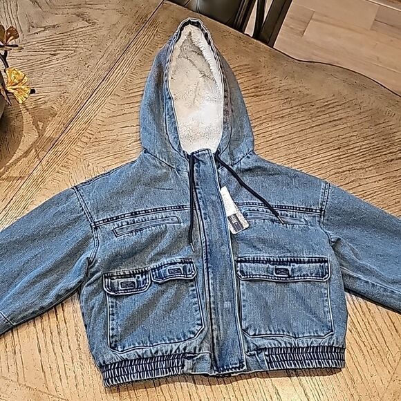 Denim hooded crop sherpa jacket size M NWT - Picture 1 of 13